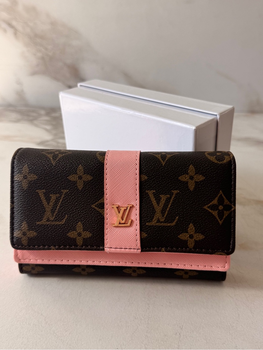 Louis Vuitton Monogram Wallet with Pink Trim and Gold LV Emblem